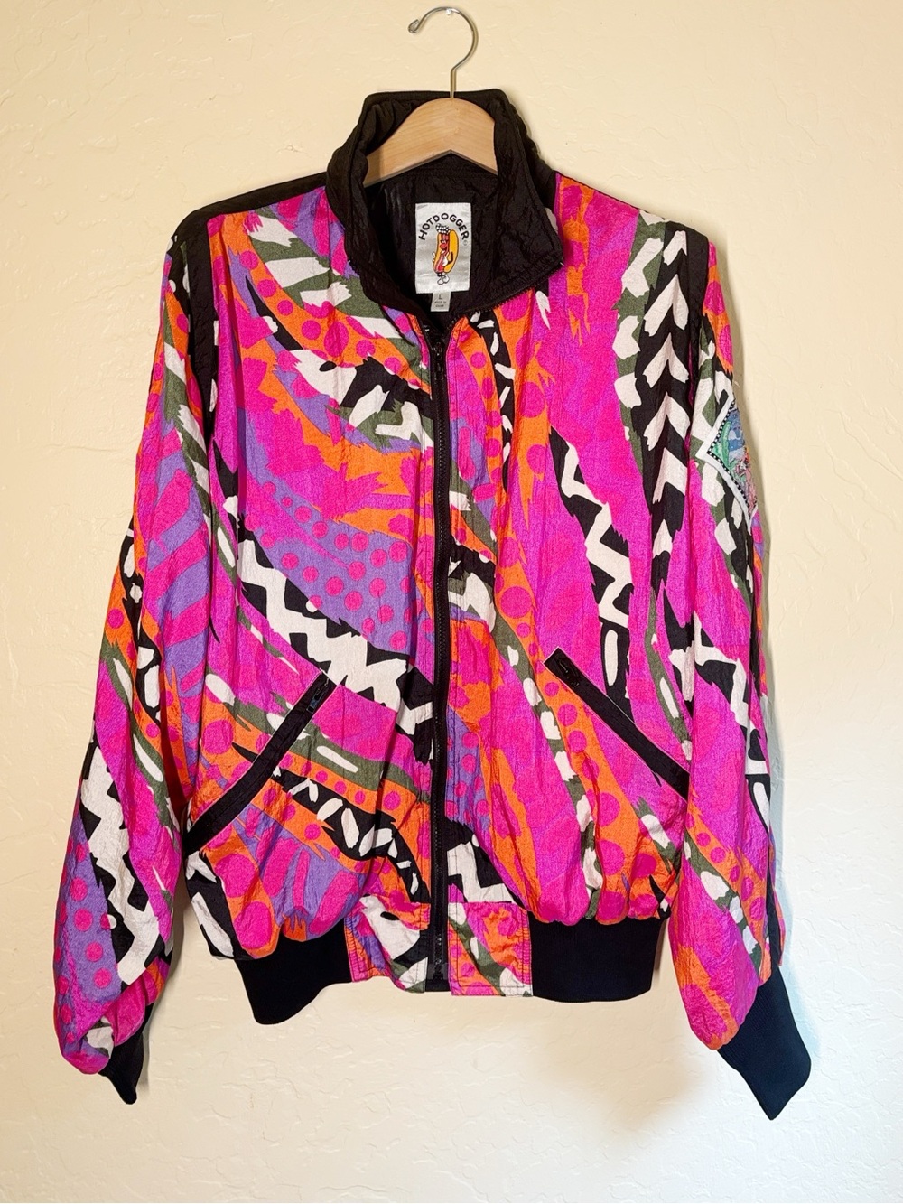 Vintage 80s Mens Hotdogger Abstract Neon Windbreaker Jacket Memphis Print
